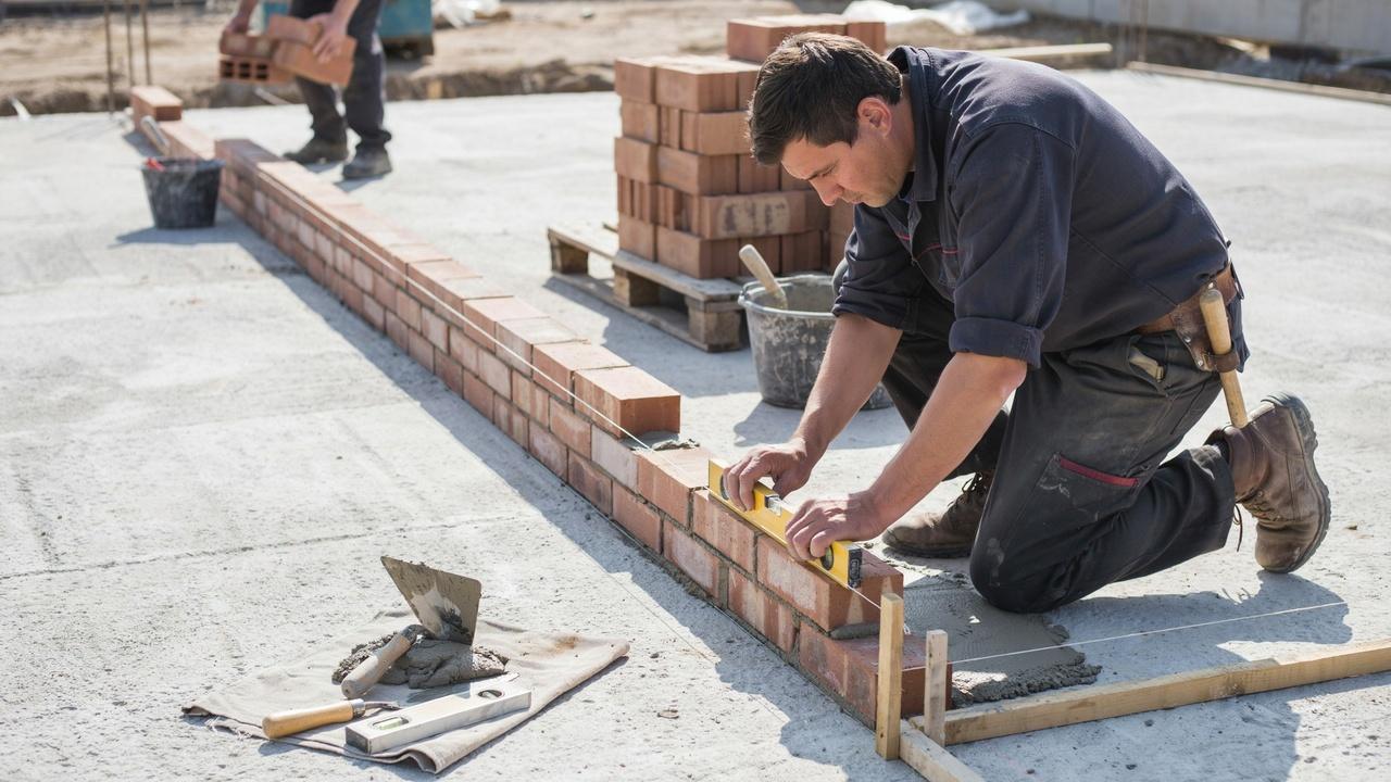 Mason placing and leveling the first brick course with a spirit level and taut string line.