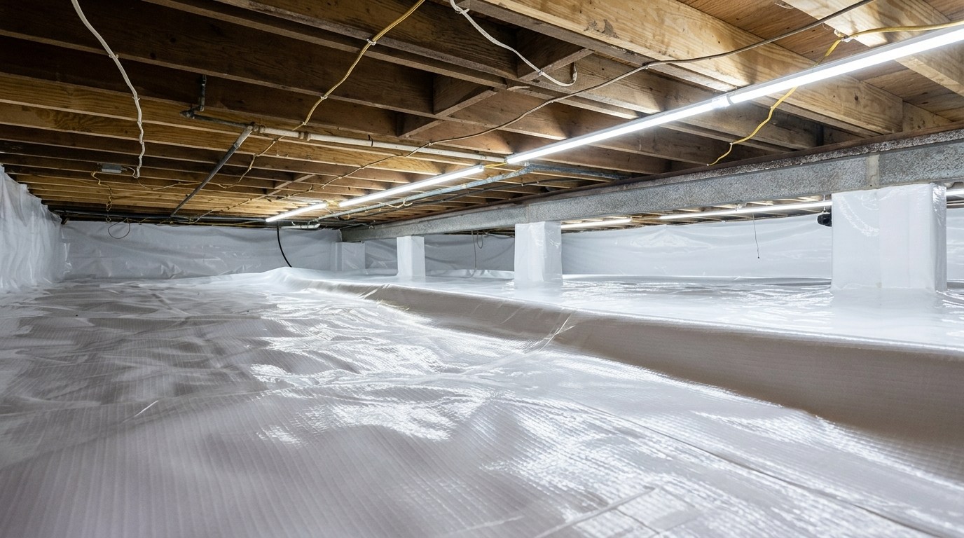 A well-lit crawl space with a white vapor barrier covering the floor and walls, exposed wood joists above, and fluorescent lights running along the ceiling.