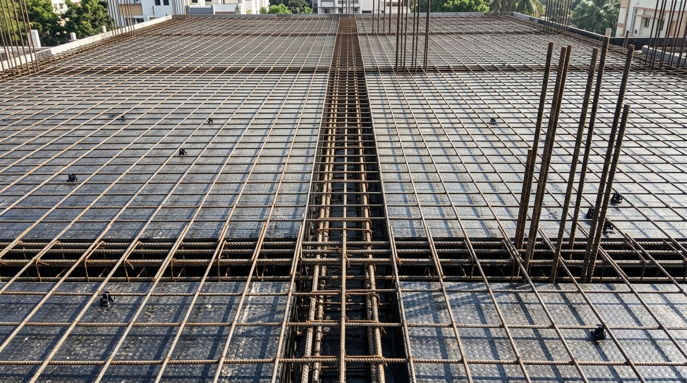 A finished concrete slab foundation on a rural construction site with bare trees, a wood fence, and the start of a wood frame structure visible on the right.