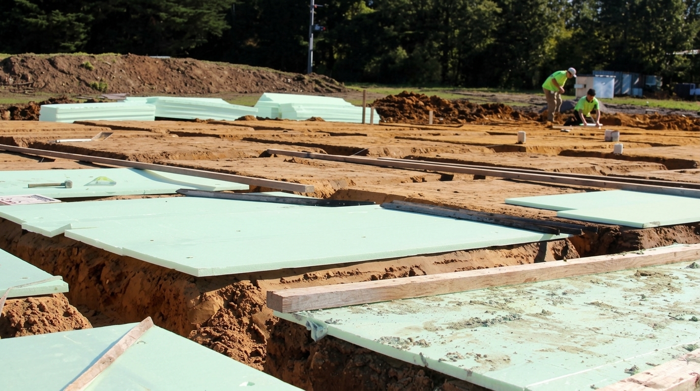 Workers laying green rigid foam insulation panels into trenches on a dirt construction site in preparation for a concrete slab pour.