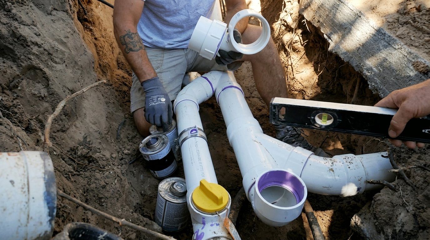 A plumber in gloves fitting PVC drain pipes together in a dirt trench, with cement cans and a level sitting nearby.