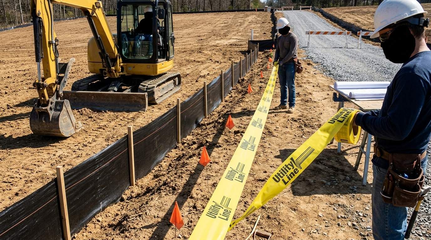 Construction workers installing yellow utility line warning tape with excavator and silt fence at site