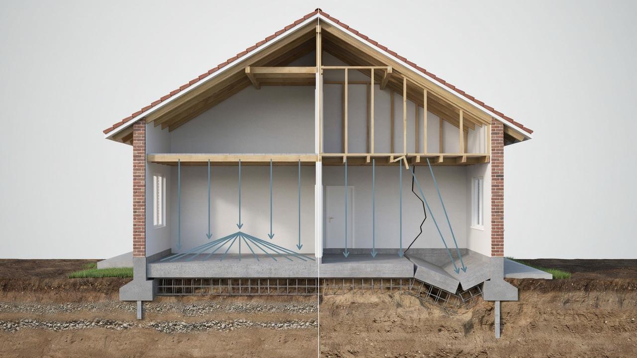 Proper footing distributing building loads and preventing uneven foundation settlement.