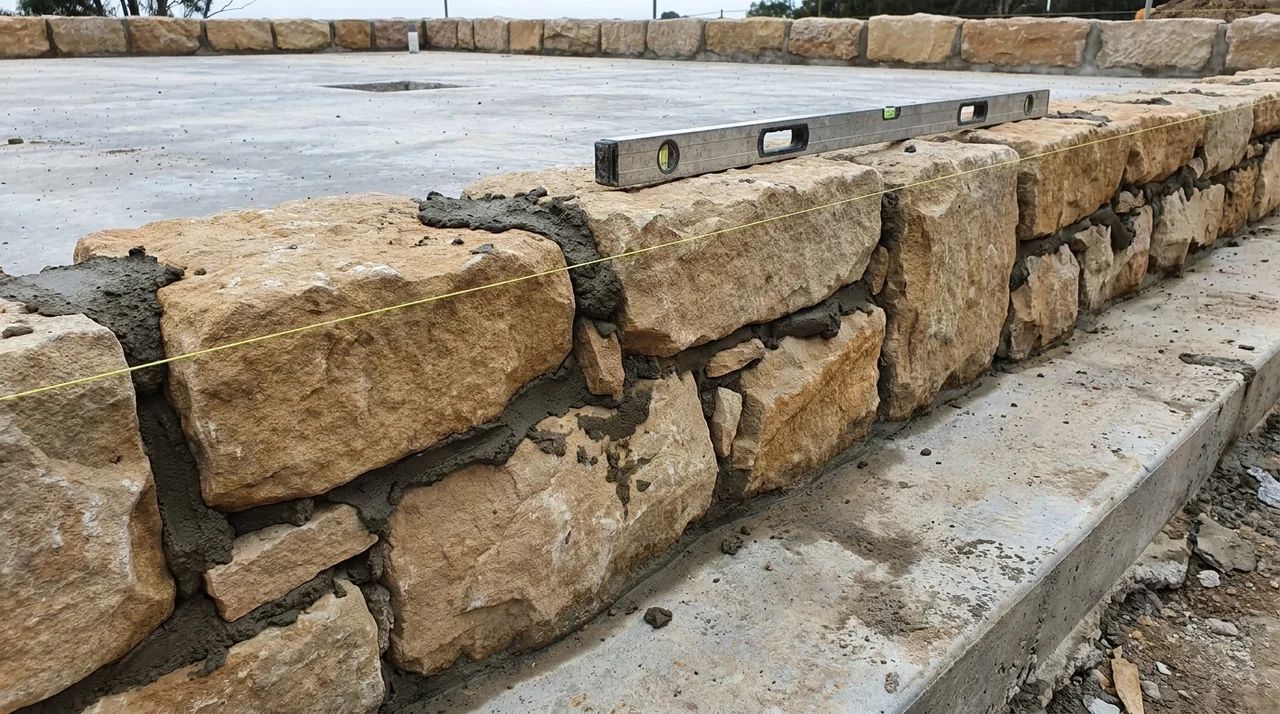 First course of large flat stones aligned with mortar on a concrete foundation.