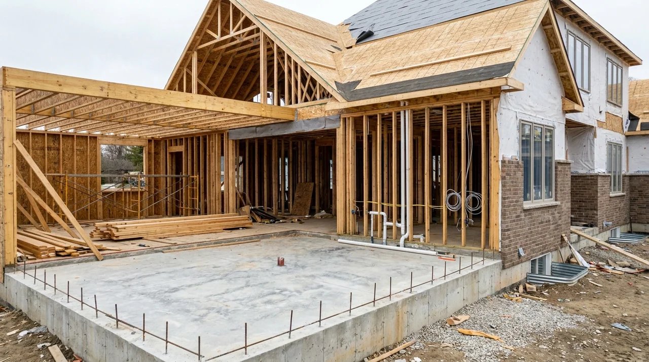 House under construction showing foundation, framing, roofing, utilities, and interior building stages.