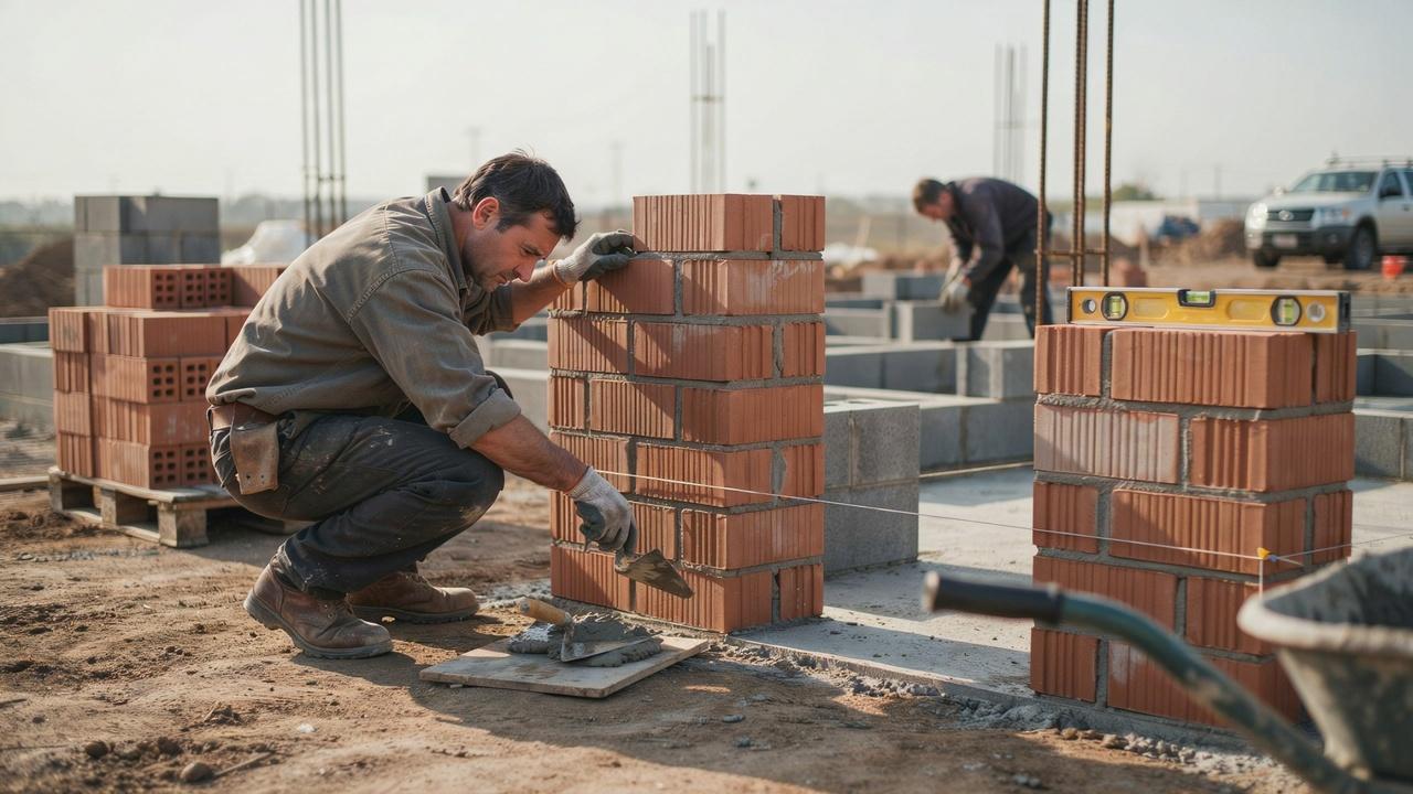Mason building straight brick wall corners with staggered joints and a taut string line for alignment.
