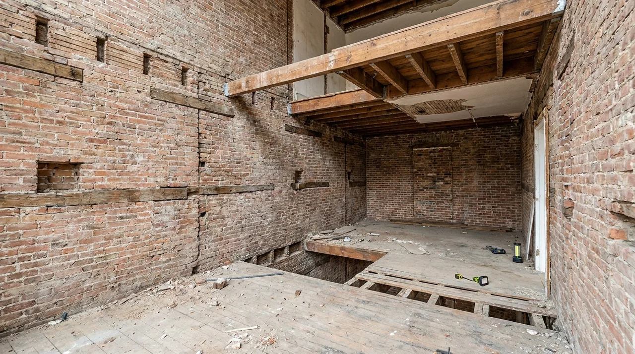 Older joisted masonry building showing thick walls and exposed interior floor joists.