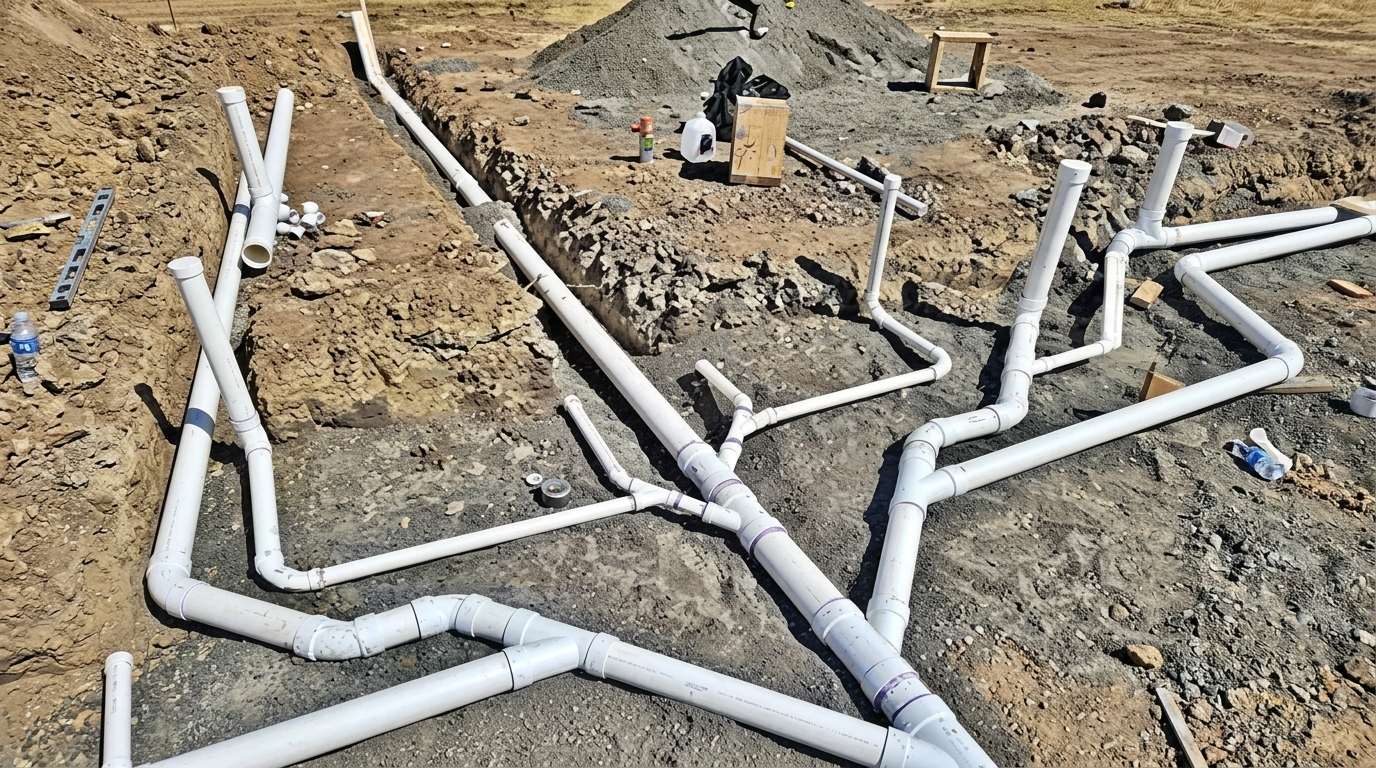 A wide network of white PVC drain pipes laid out across a gravel and dirt construction site, showing the full under-slab plumbing rough-in before the concrete pour.