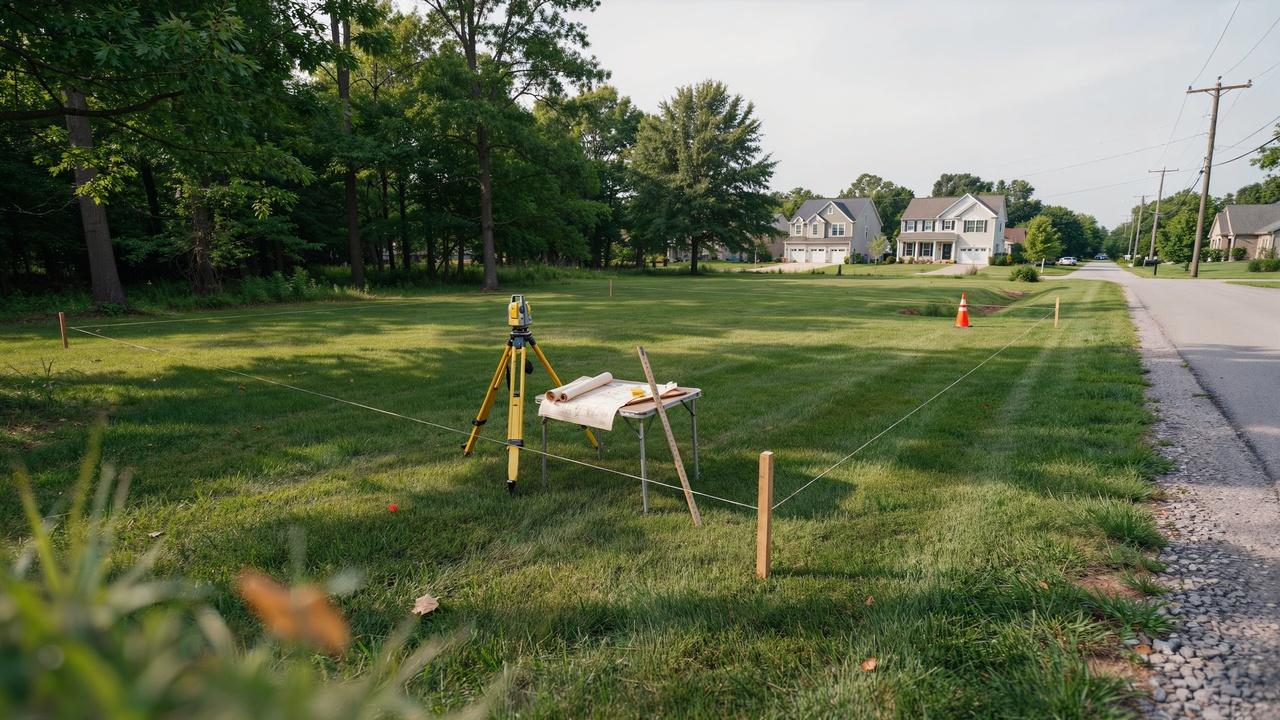 Residential building lot being evaluated for terrain, boundaries, access, and future home construction.