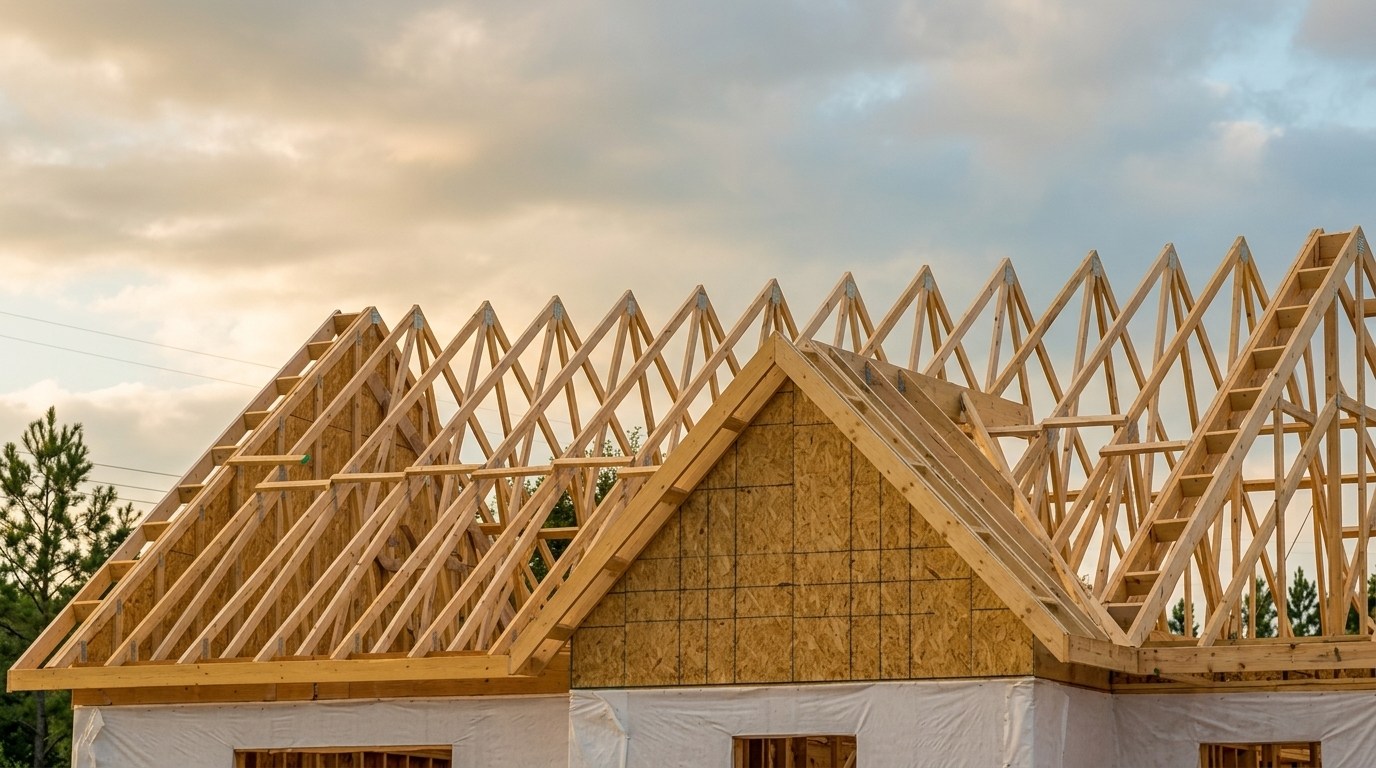 Rows of wooden roof trusses framed on a new house under cloudy skies.