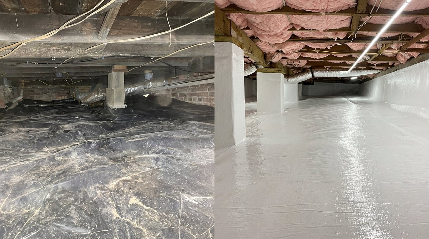 A before and after photo showing a messy crawl space with black plastic sheeting on the left and a clean white encapsulated crawl space with pink insulation on the right.