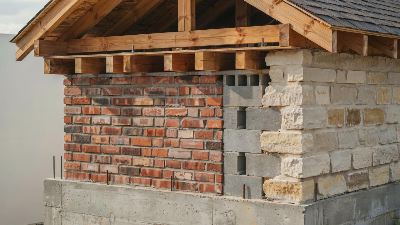 Masonry load-bearing wall supporting roof and floor loads above a concrete foundation.