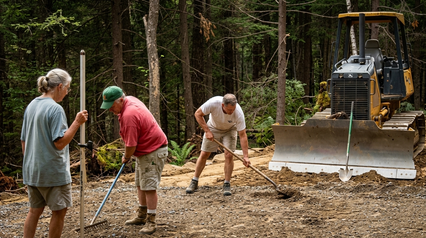 Three people raking and leveling soil on a wooded building site next to a yellow bulldozer surrounded by tall trees.