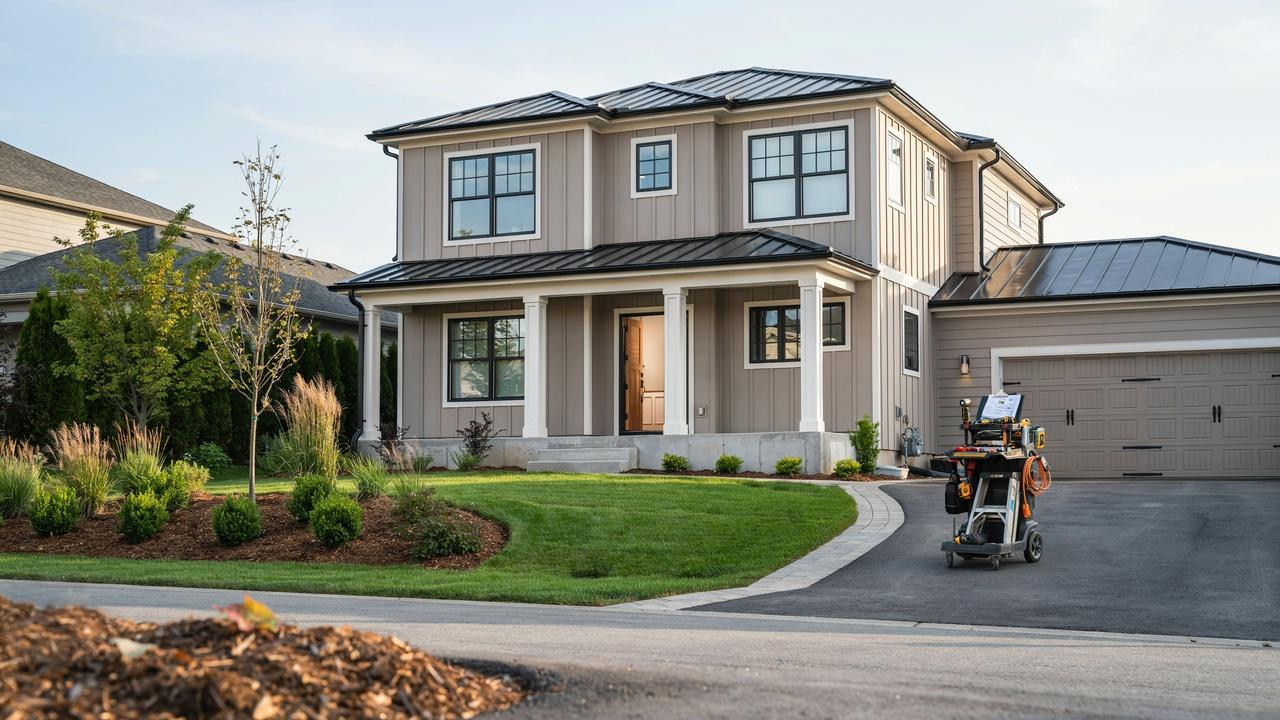 New construction home being inspected for structural, exterior, and finishing issues before purchase.