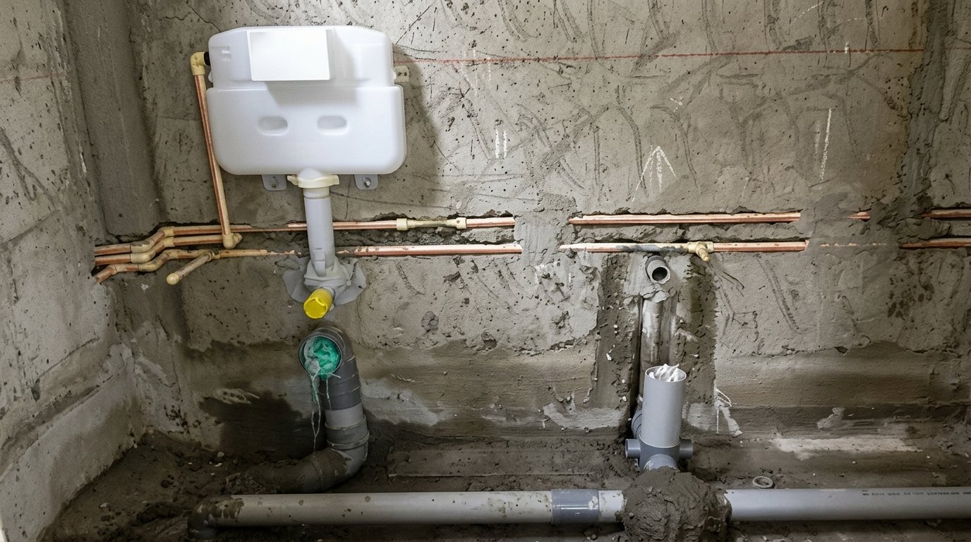 Rough-in plumbing inside a concrete block wall showing a toilet cistern, copper supply lines, and grey drain pipes set into the floor and wall.