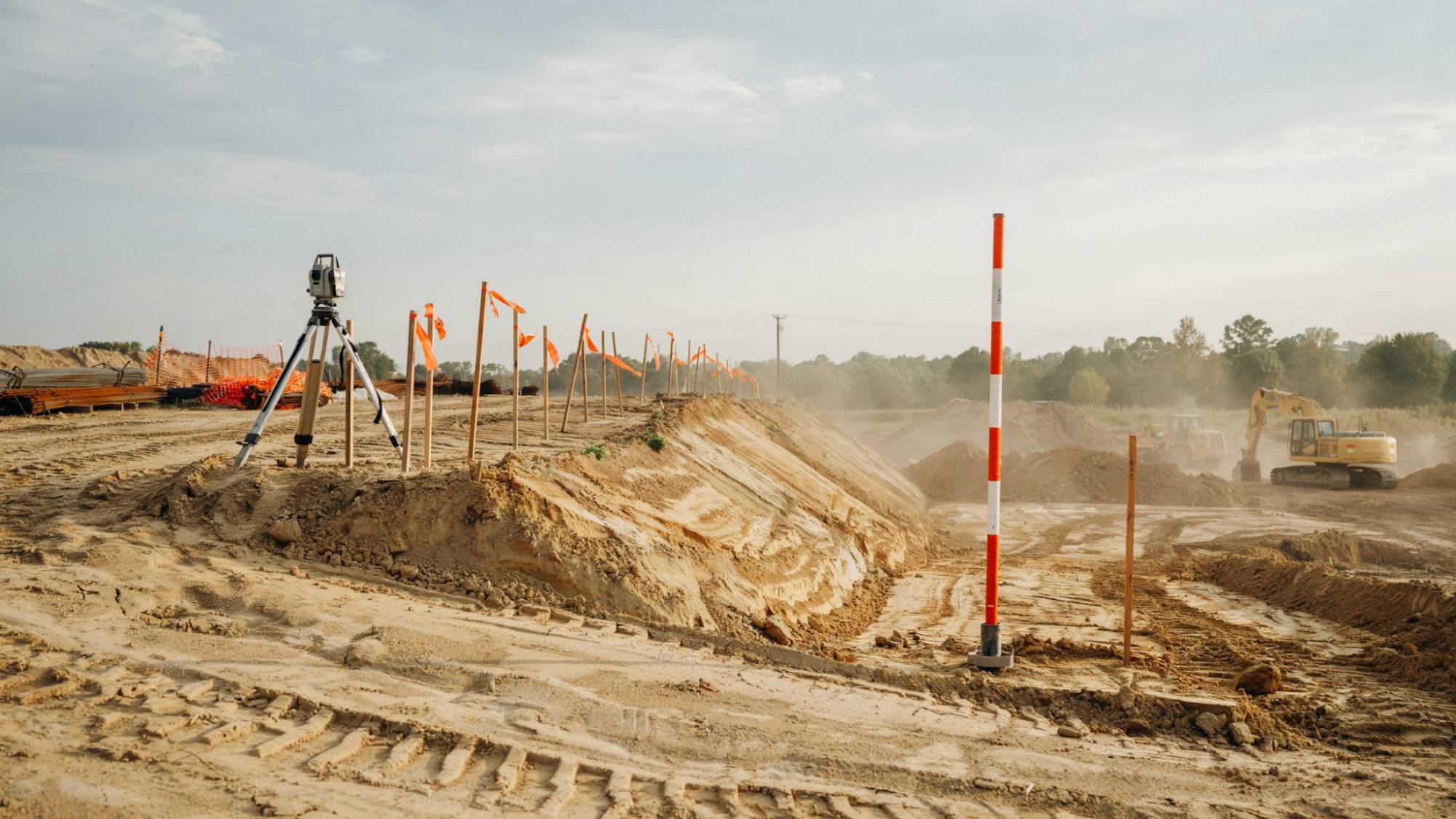 Surveying total station on tripod near orange flags on sandy embankment, excavators working in dusty background.