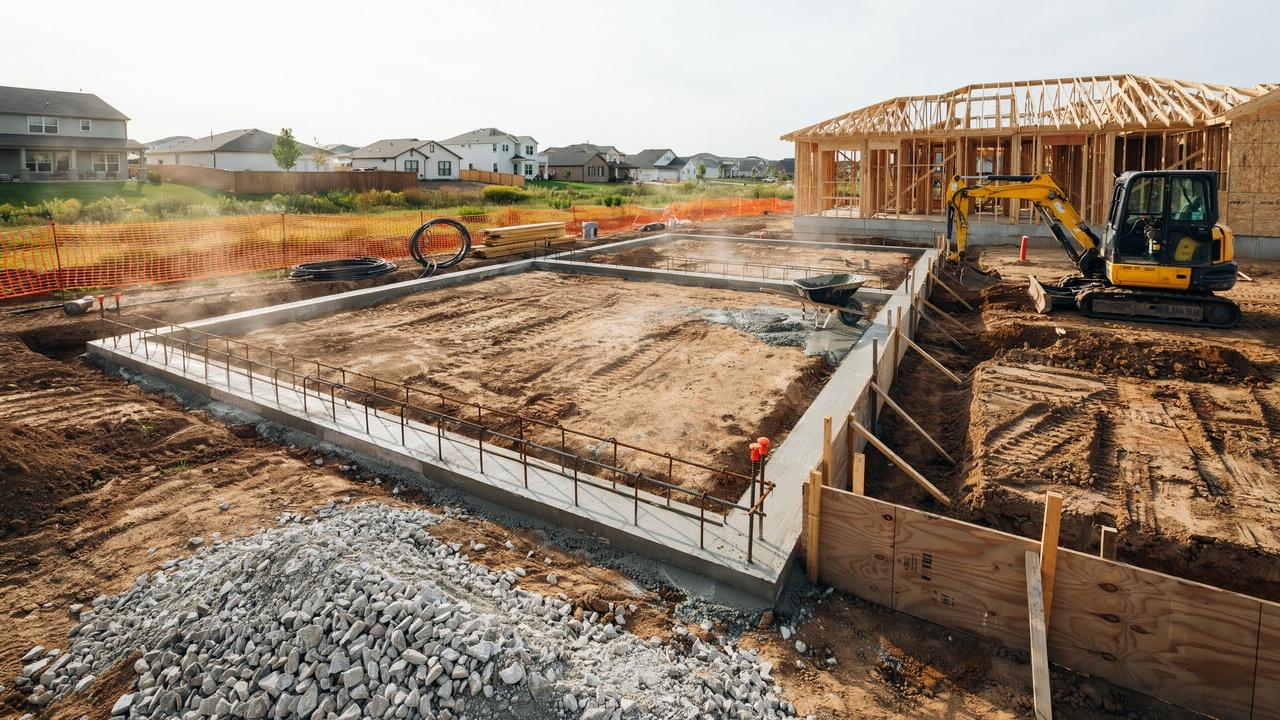 Prepared residential construction site with excavation, concrete footings, and a new home foundation.