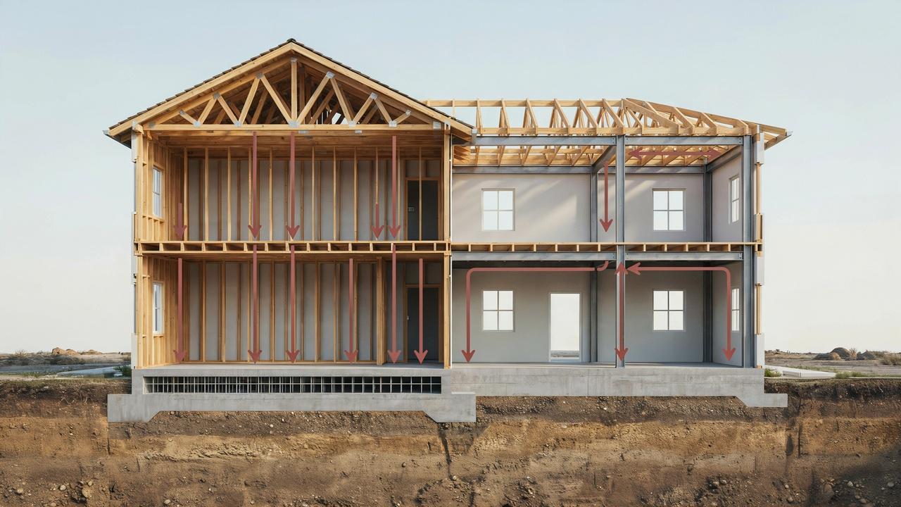 Load-bearing wall transferring roof and floor loads through the foundation into the ground.