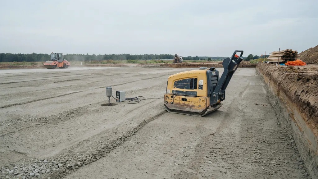 Dozer pushing soil to shape winding dirt roadway on vast construction site.