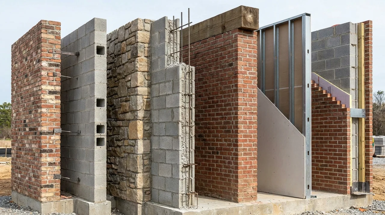 Different masonry wall systems showing varied materials, structures, and construction methods.