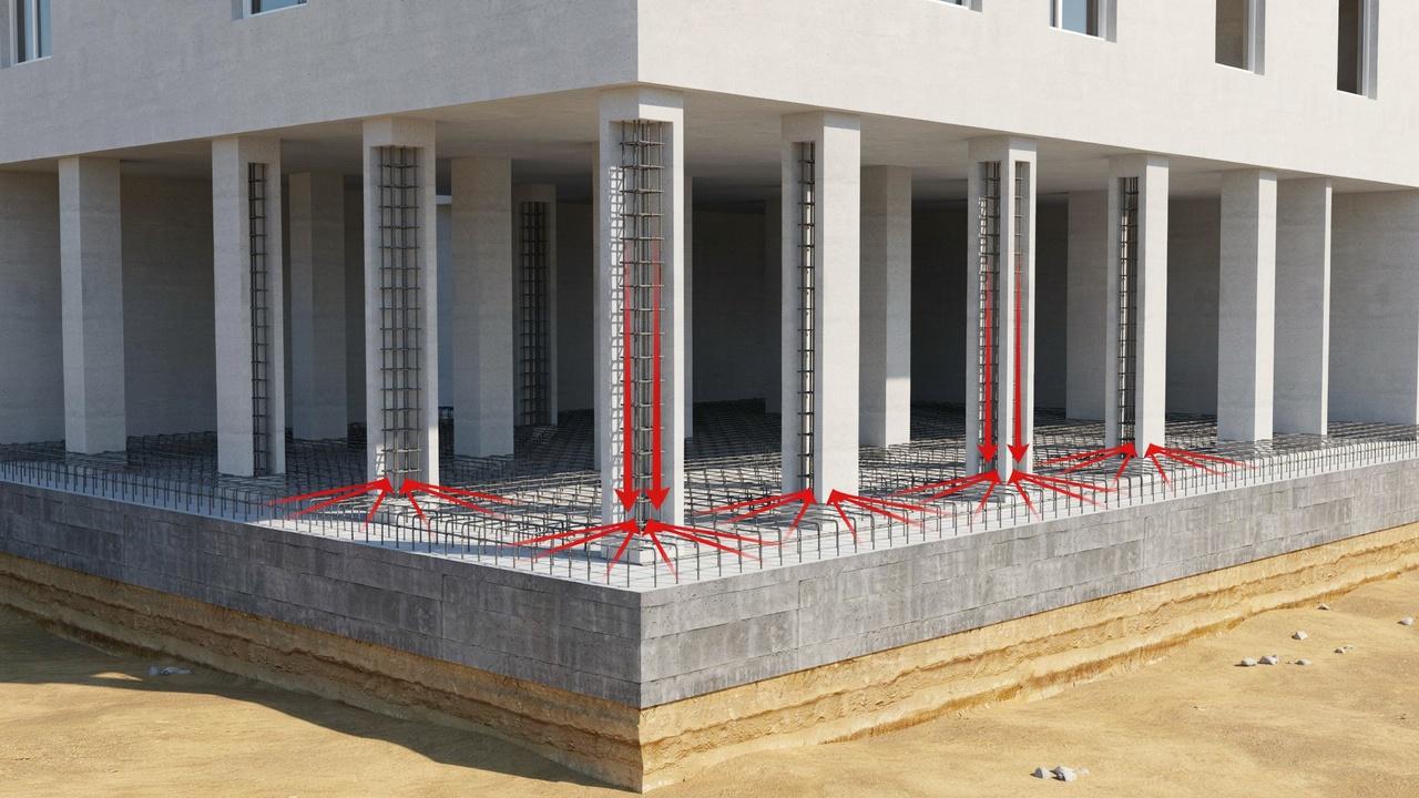 Raft foundation spreading building loads across a large reinforced concrete base.