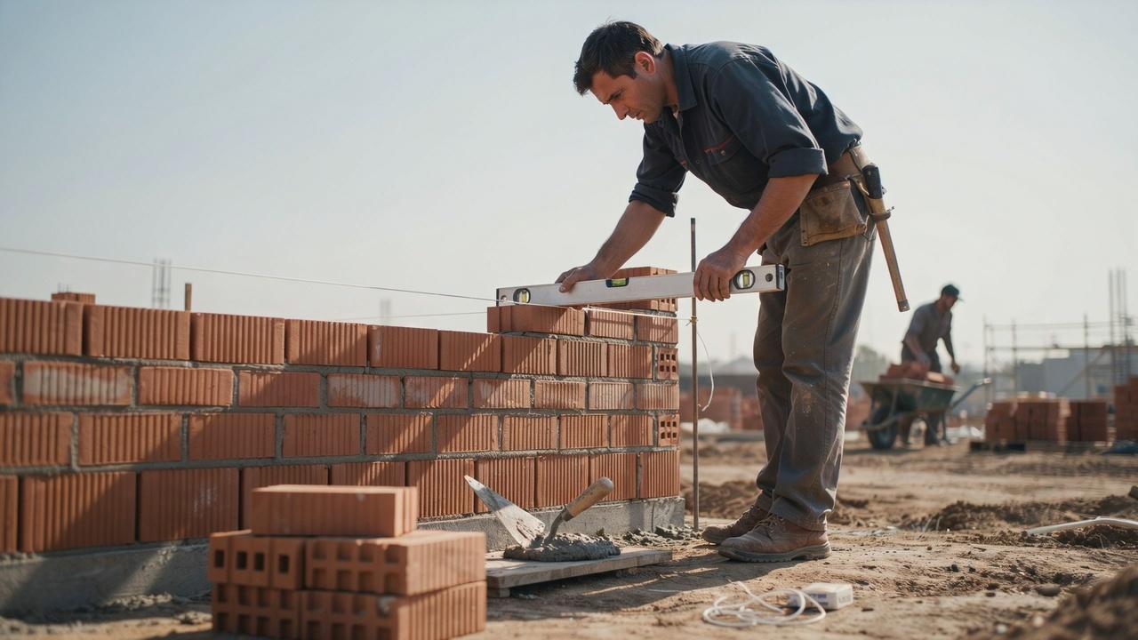Mason checking brick courses with a spirit level and plumb tool to maintain a straight, level wall.