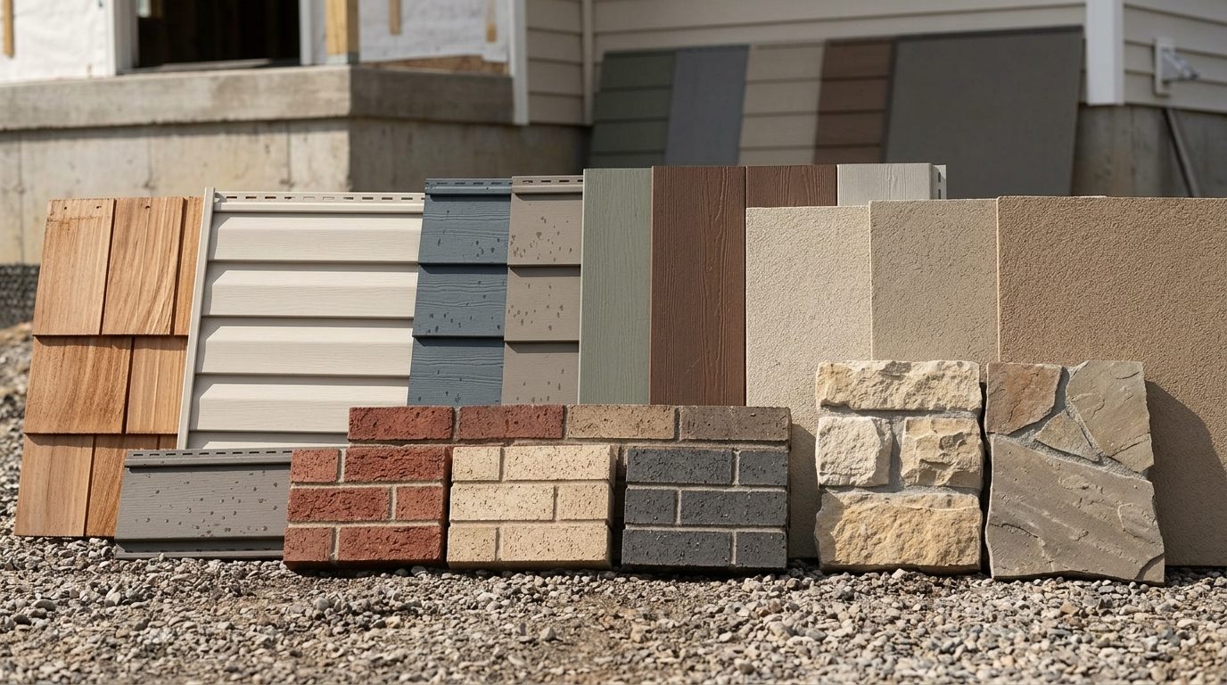Exterior cladding samples with wood shingle vinyl brick stone stucco at construction site