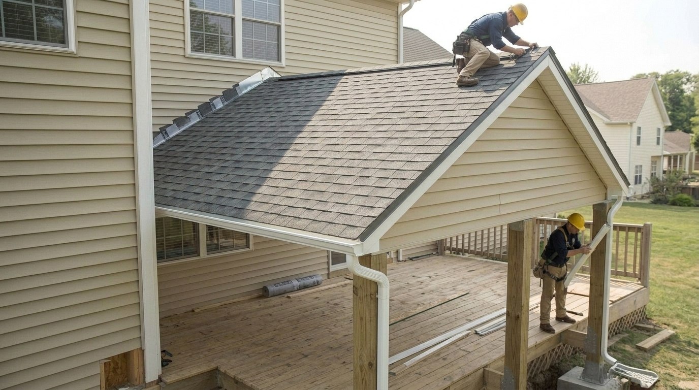 Workers installing roof flashing, gutters, and downspouts for proper deck drainage.