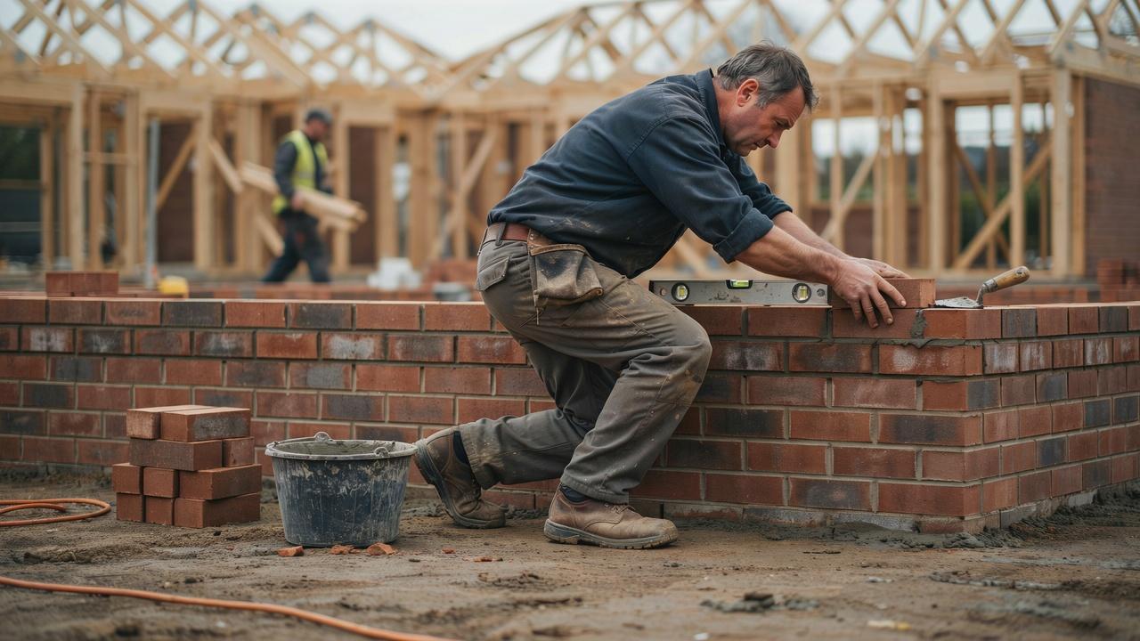 Mason completing the top brick course while checking the wall for level and proper alignment.