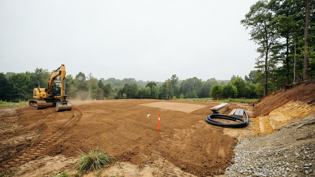Yellow excavator grading cleared dirt lot with orange survey stakes, coiled pipes, and trees in background.