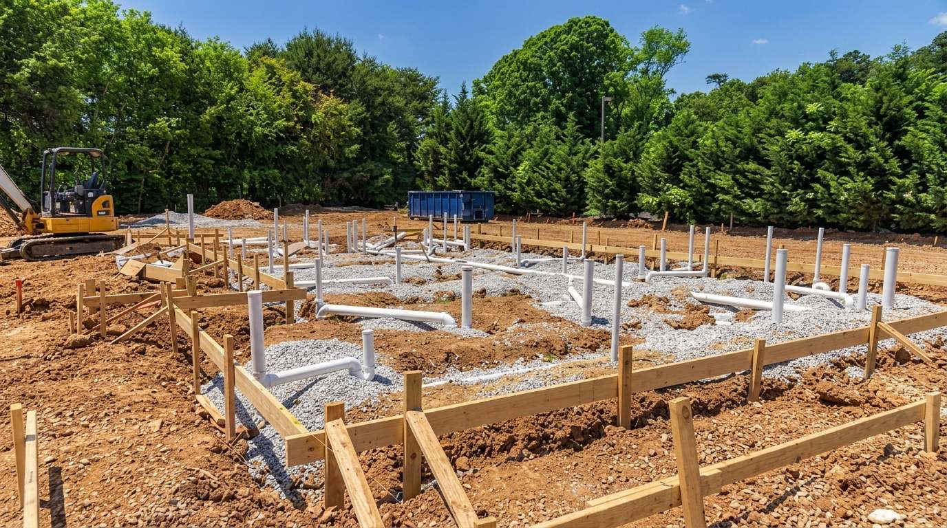 A slab foundation in progress with white PVC plumbing pipes roughed in over a gravel bed, wooden forms around the perimeter, and an excavator parked nearby on a sunny day.