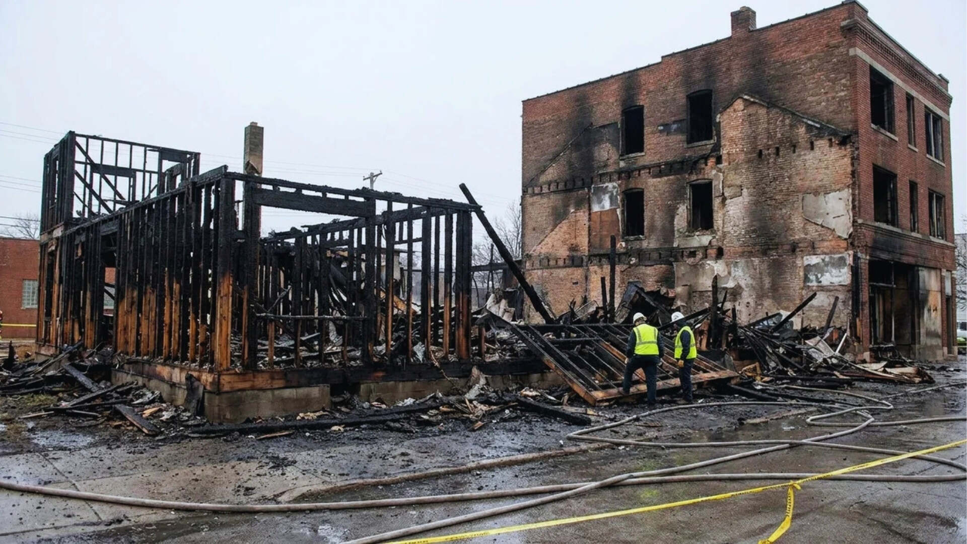 Fire-damaged wood-frame structure beside surviving brick masonry walls.