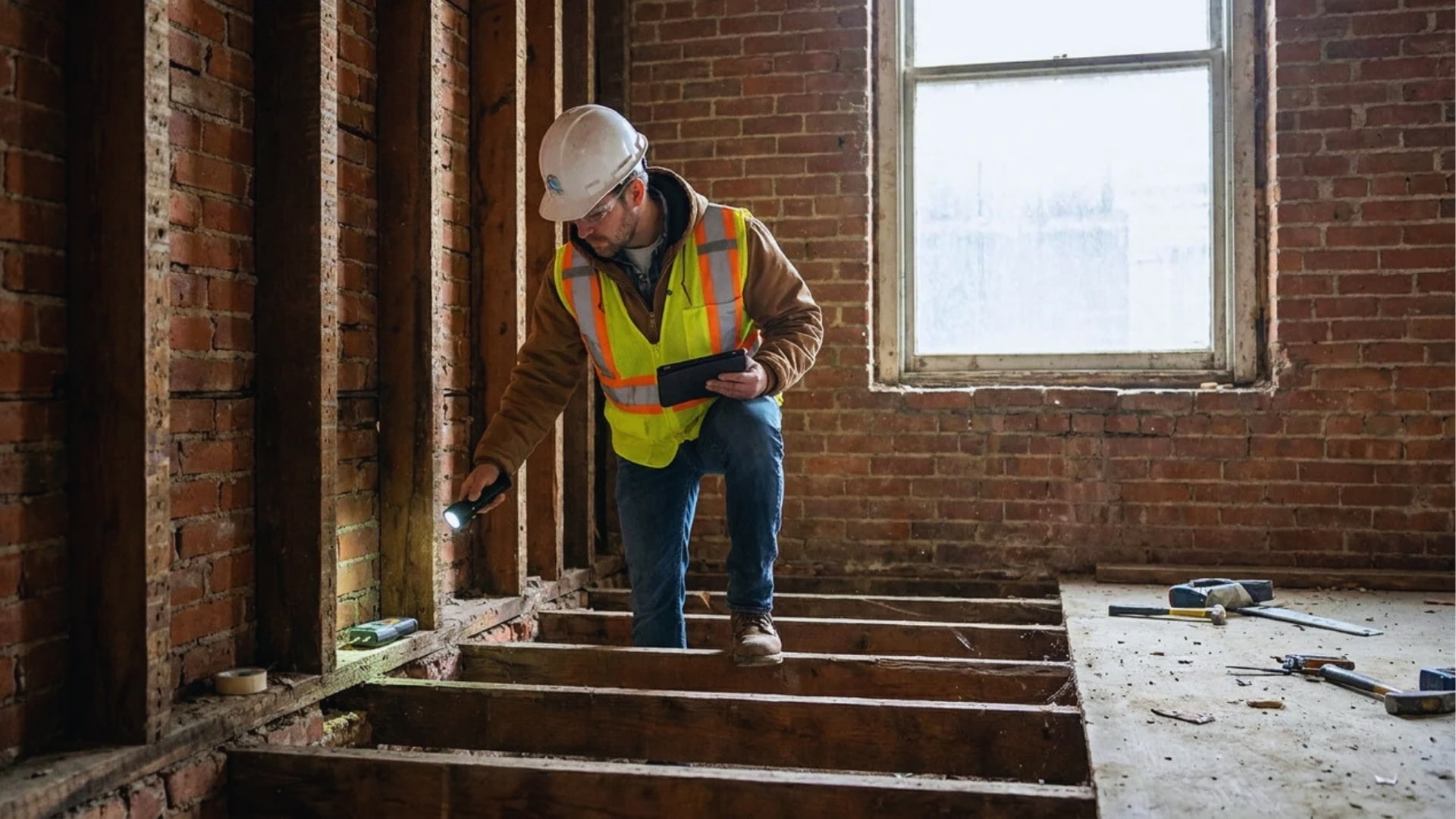 Inspector examining masonry walls and structural framing inside the building.