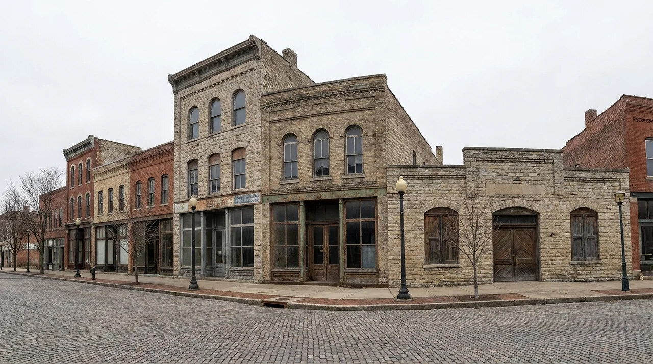 Older brick commercial buildings commonly built with joisted masonry construction.