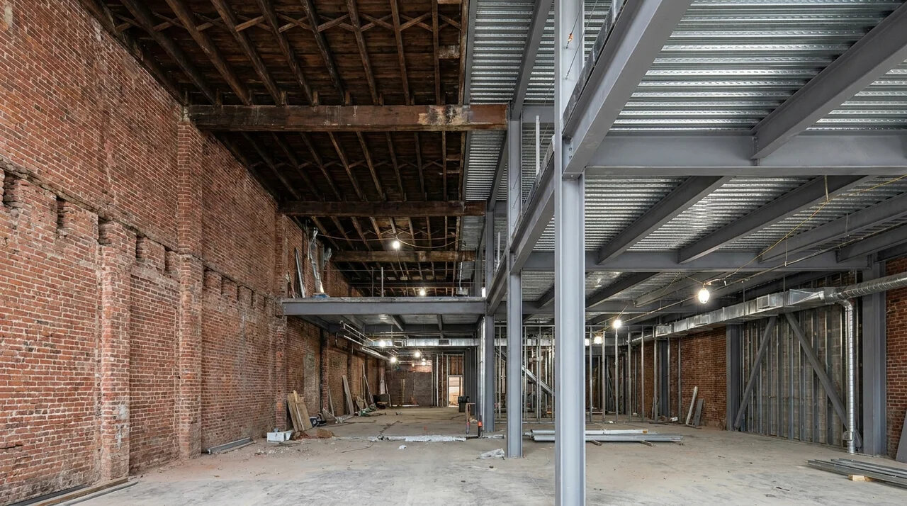 Masonry walls with wood and steel structural framing inside a building.