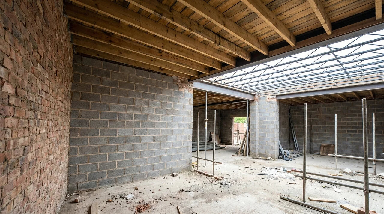Masonry walls and structural joists used in joisted masonry construction.