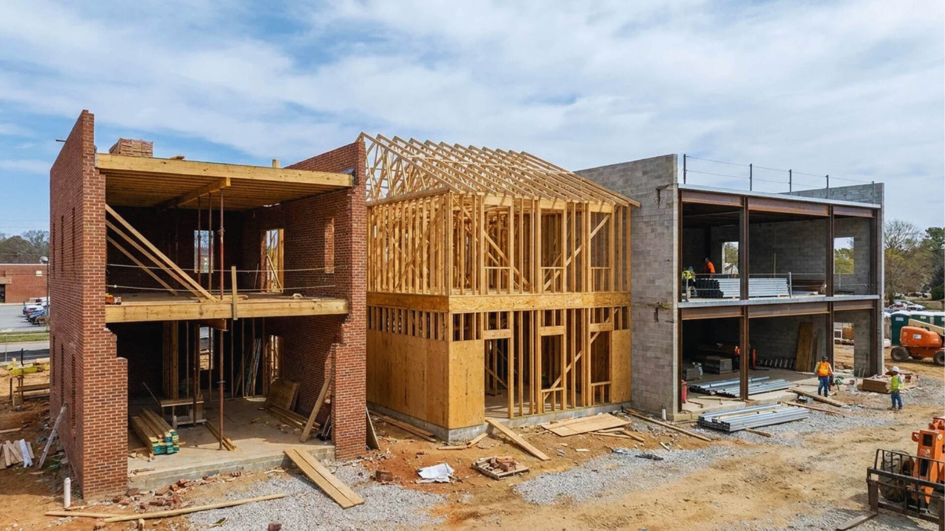 Joisted masonry, wood frame, and non-combustible building structures side by side.