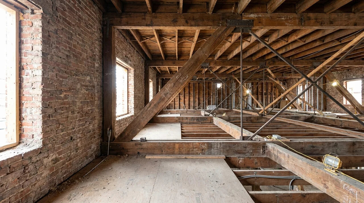 Masonry wall connected to wood joist floor and roof framing.