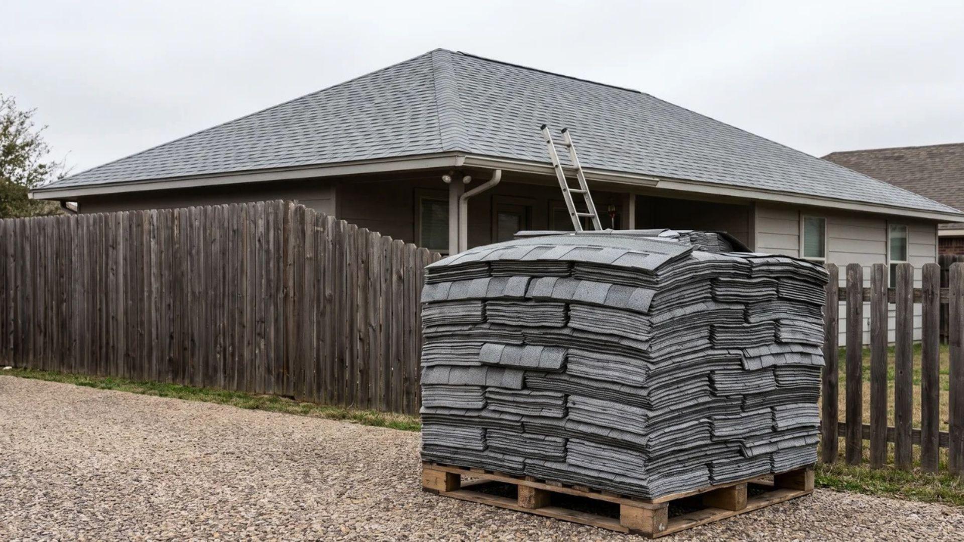 3-tab shingles stored near a residential roof with matching asphalt roofing materials.