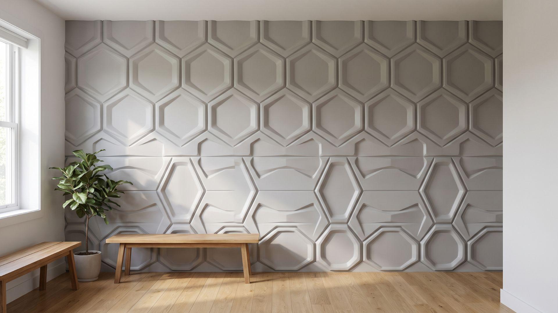Interior wall covered with single-color 3D panels featuring raised geometric patterns.