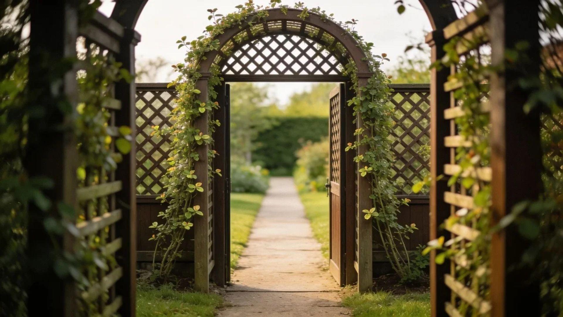 Arched garden arbor with lattice sides and climbing vines framing a narrow walkway.