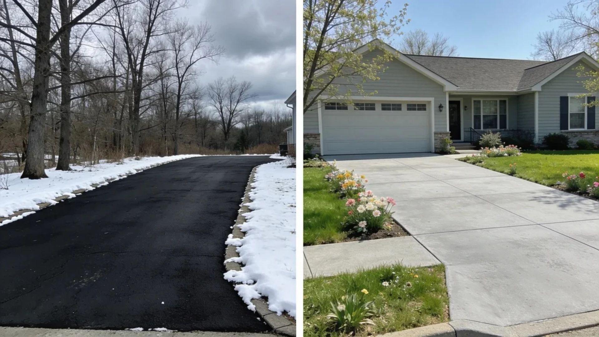 Asphalt and concrete driveways shown in residential settings with winter and summer conditions.