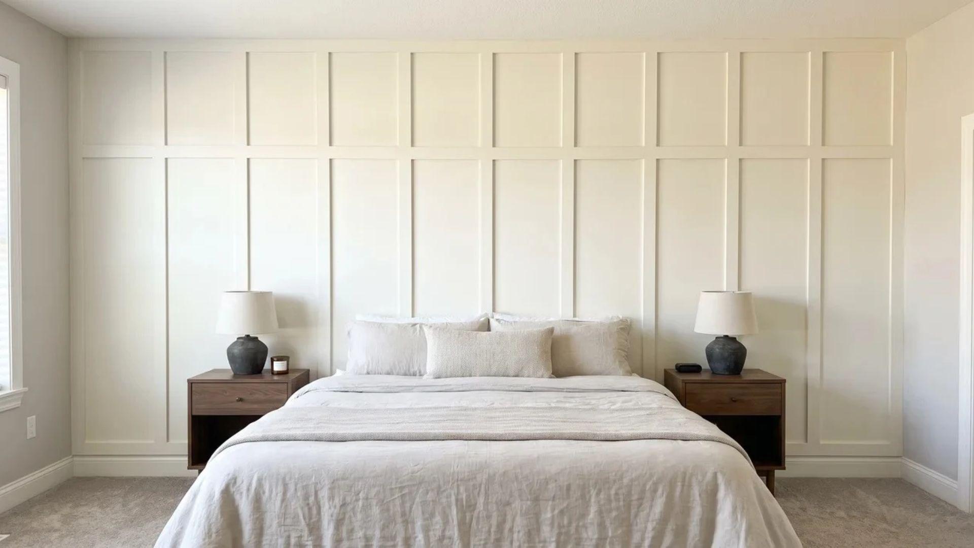 Bedroom wall with vertical board and batten panels forming tall rectangular sections.
