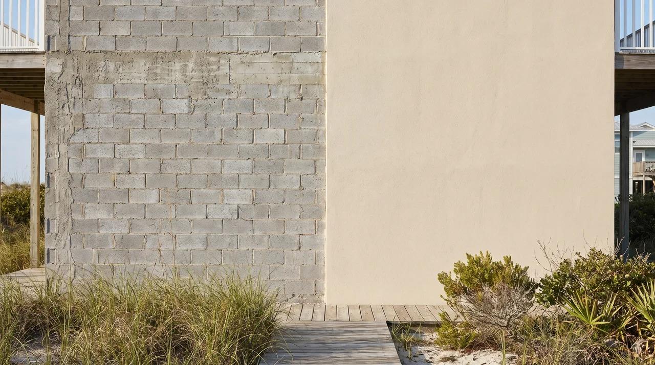 CBS residential exterior with concrete block walls and stucco finish in a coastal setting.