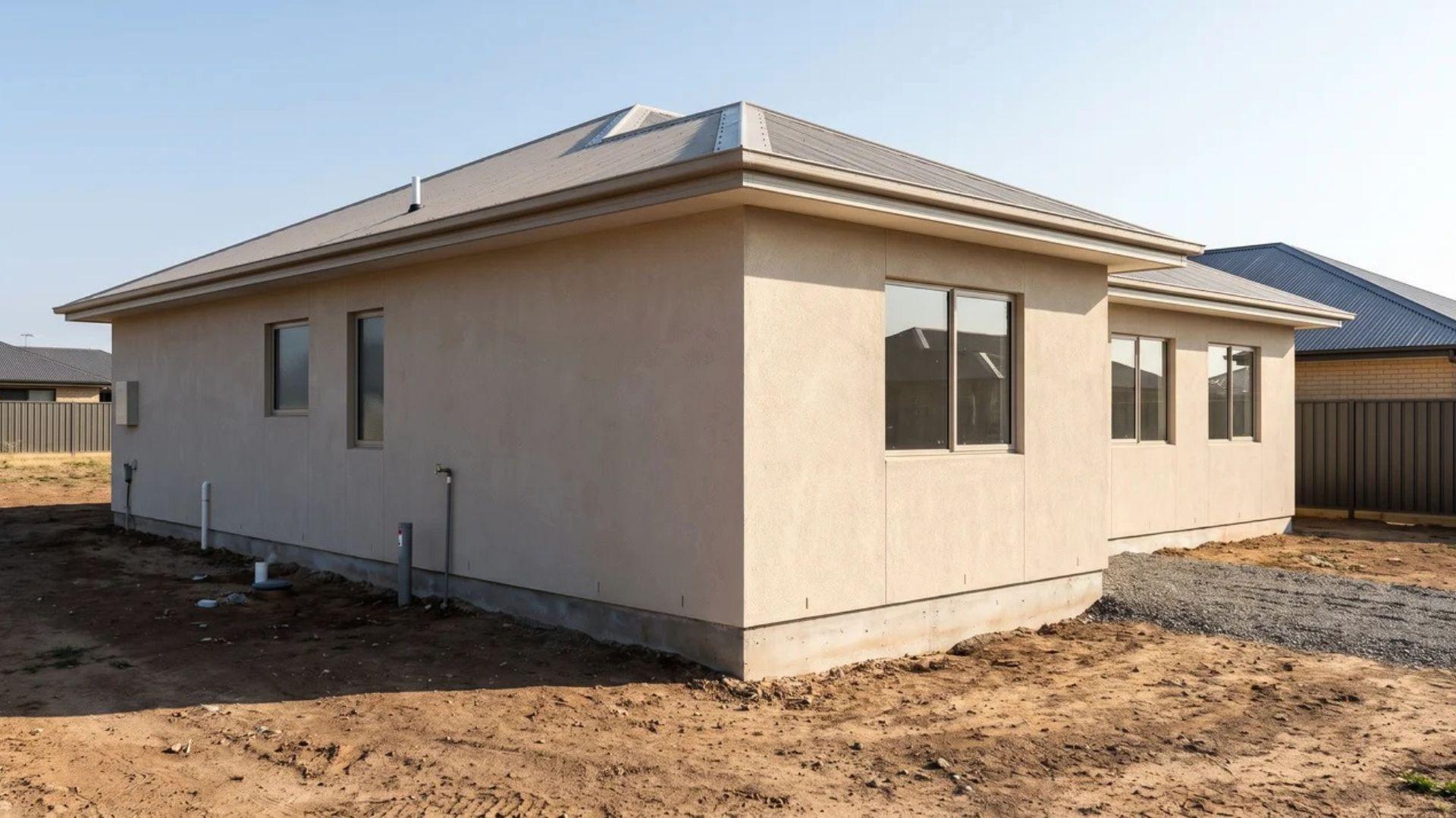 Finished residential CBS home with stucco-covered concrete block exterior walls.