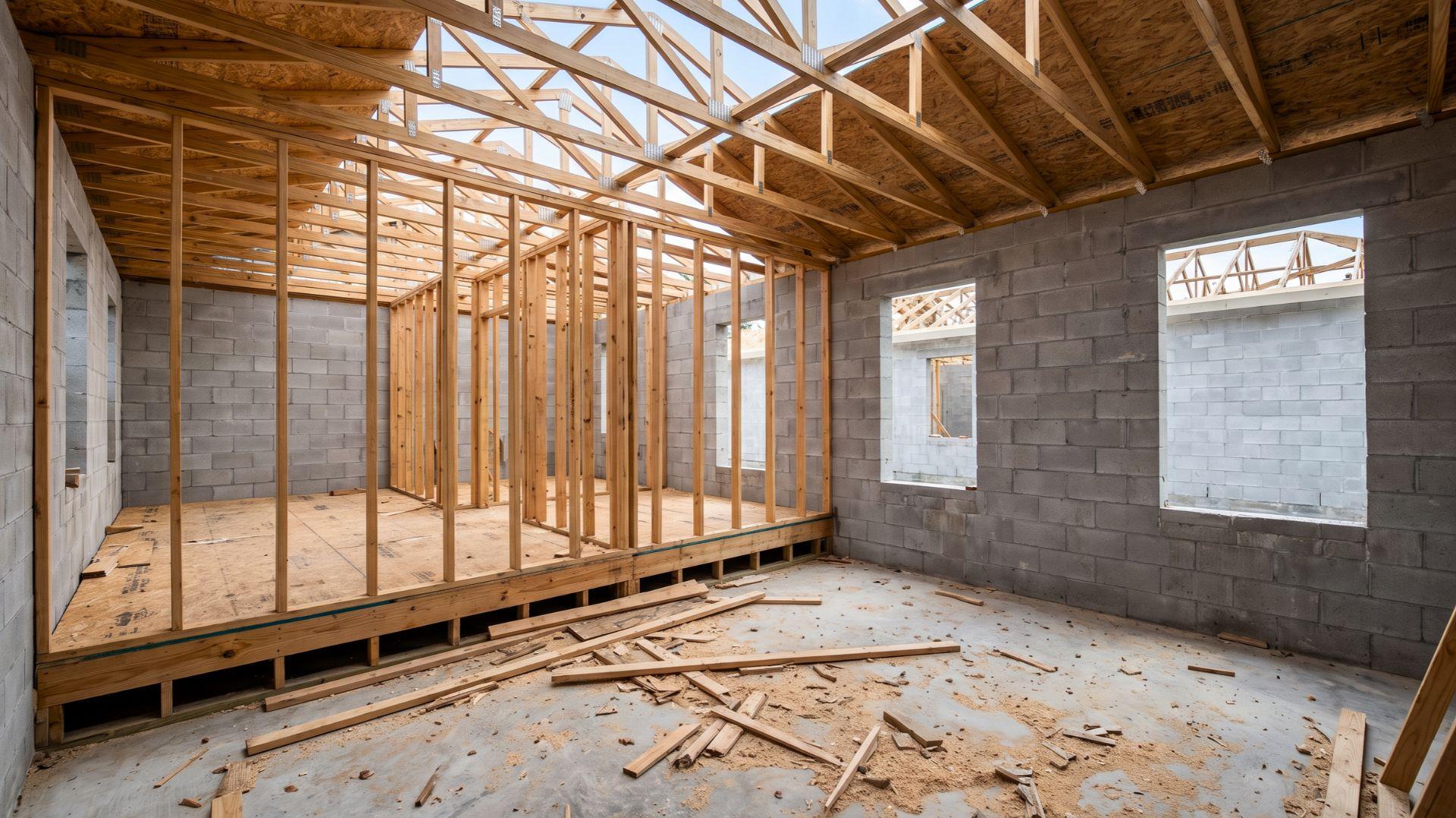CBS home showing concrete block exterior walls with wood interior framing and roof trusses.