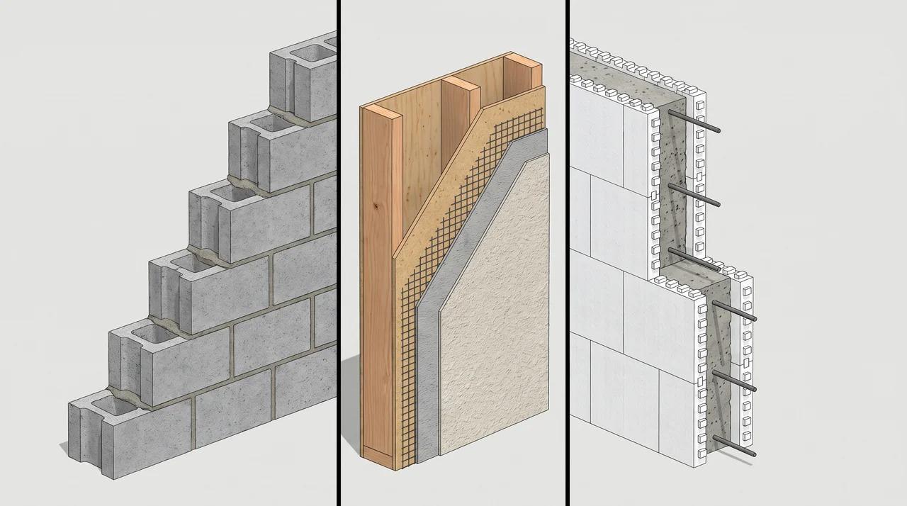 Cutaway wall sections showing concrete block, stucco-over-frame, and insulated concrete form construction.