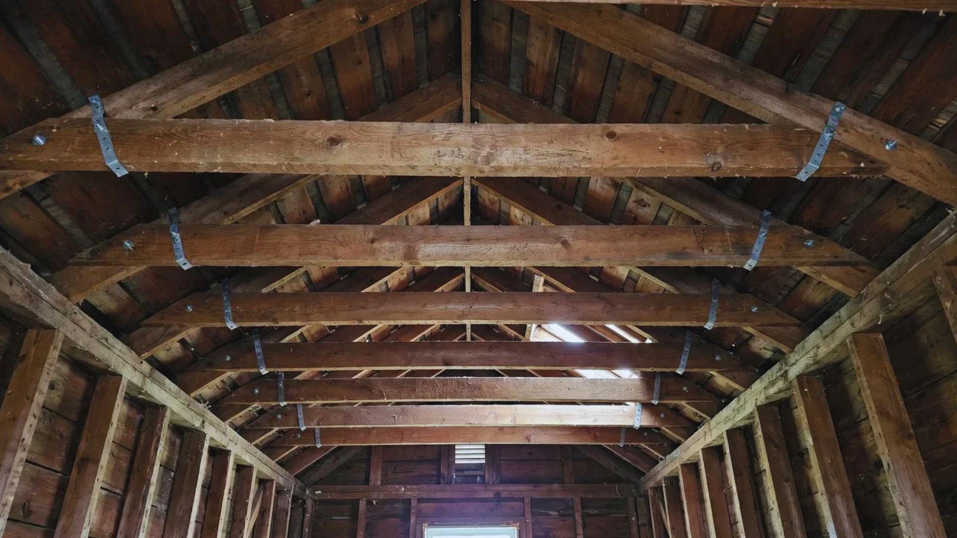 Ceiling joists connect opposite wall tops beneath sloping roof rafters in an exposed attic.