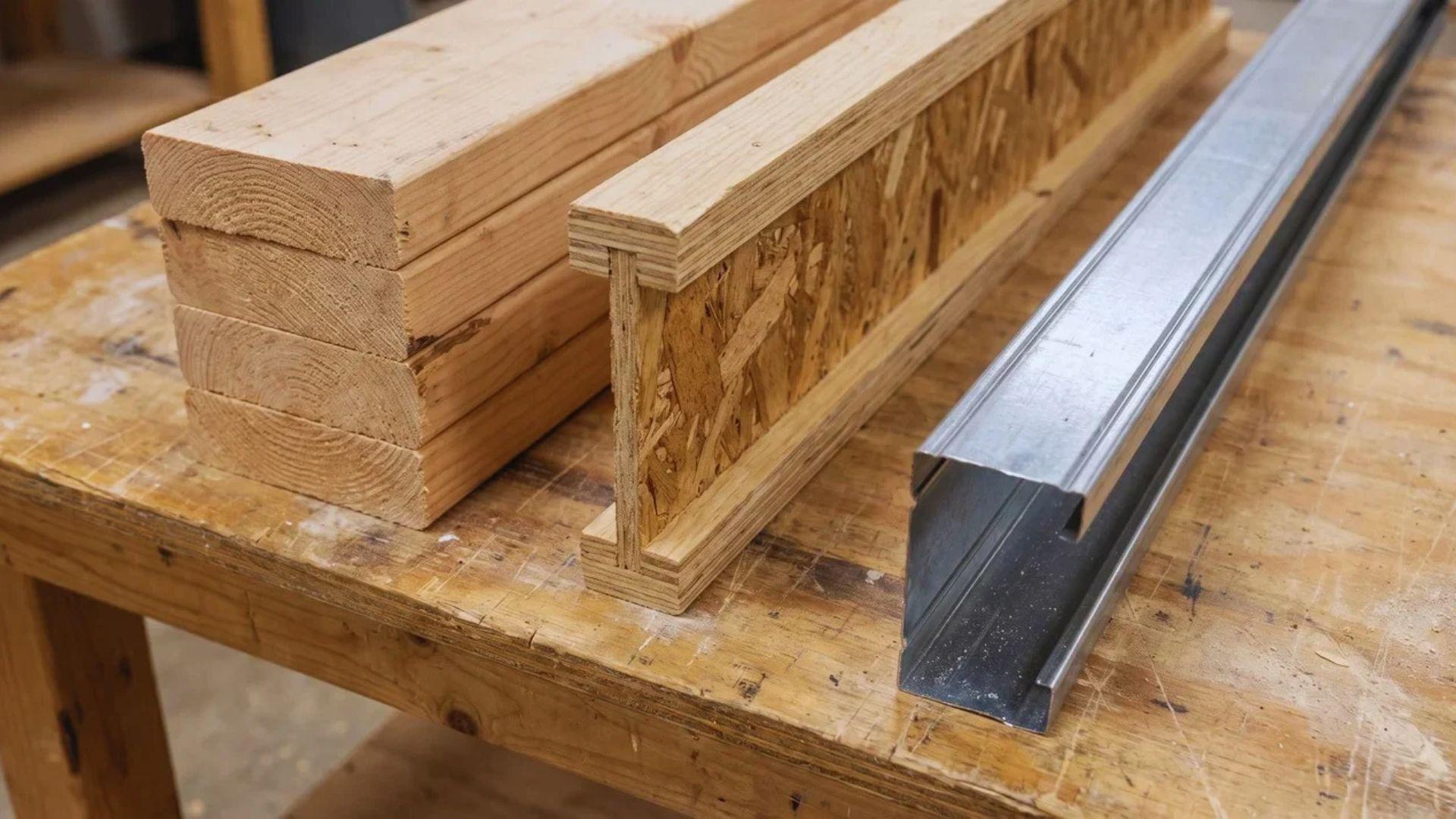 Dimensional lumber, an engineered wood I-joist, and a steel framing member displayed side by side.