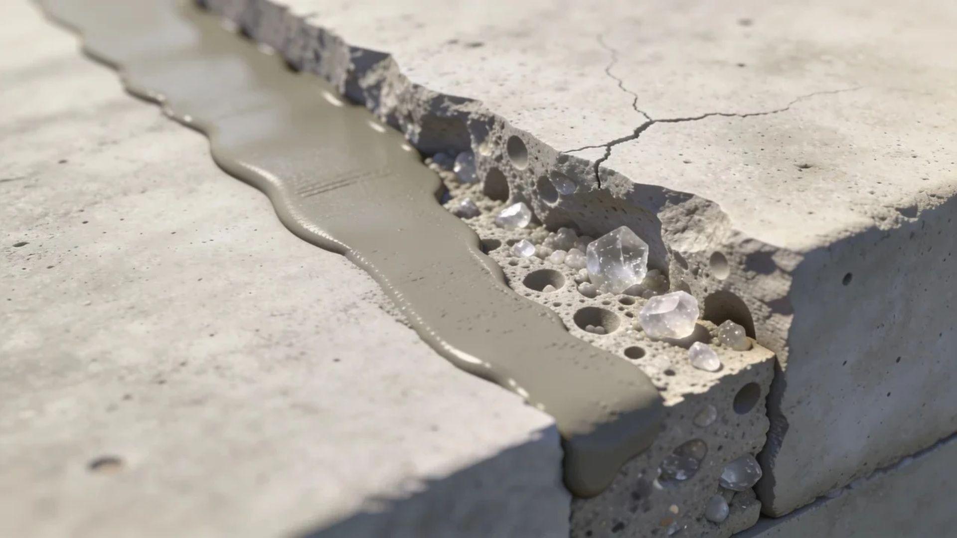 Cementitious coating on concrete beside a cross-section showing crystalline deposits inside pores and micro-cracks.